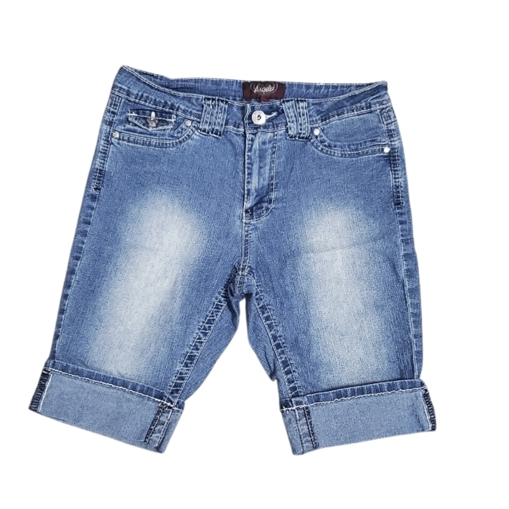 Angels Women's Y2K Denim Bermuda Jean Cuffed Embroidered Shorts 8
